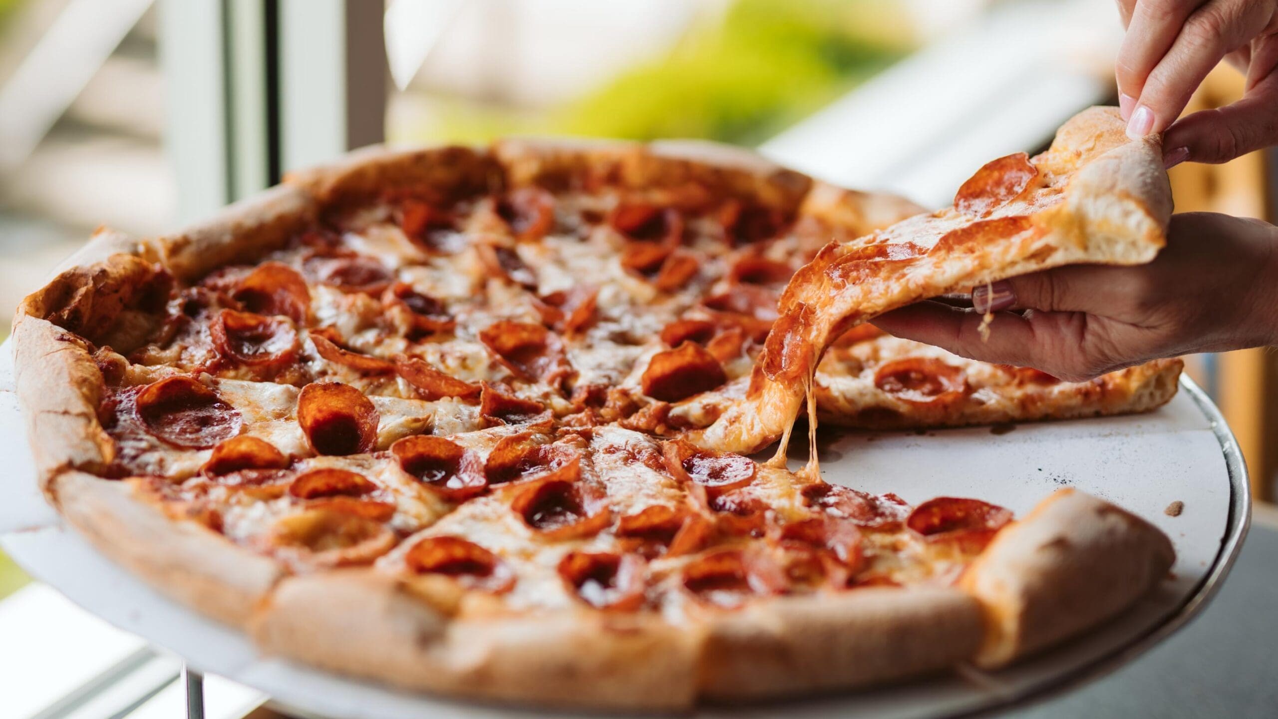 Dewey's pepperoni pizza fresh from the oven