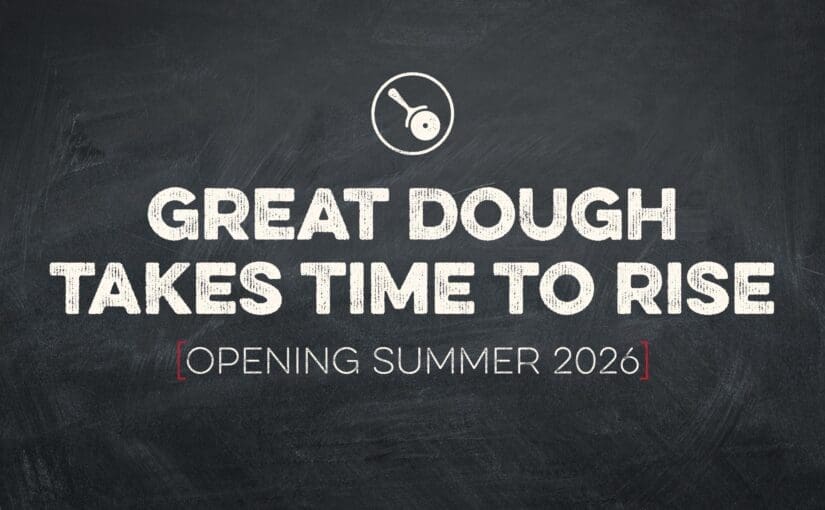A chalkboard-textured background featuring a white icon of a pizza cutter inside a circle at the top center. Below the icon, large, textured white block text reads, 