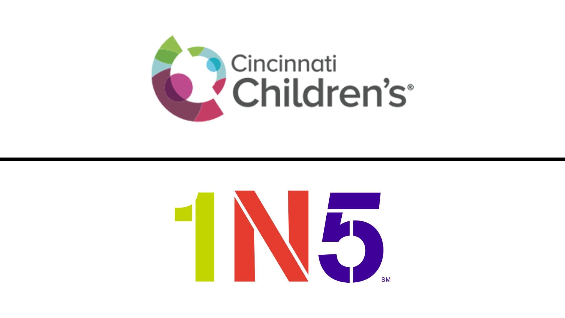 Logos for the benefactors of the Dewey's Pizza Run to Raise Dough 5K, stacked vertically and separated by a horizontal black line. The top logo features a multicolored circular abstract shape of overlapping people figures next to the text "Cincinnati Children's." The bottom logo features the text "1N5" in bold, block letters, with a lime green '1', a coral red 'N', and a purple '5'